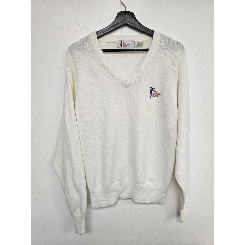 Ben Hogan Tour Sweater Mens Large White V Neck Knit Pullover Golf Logo‎ Acrylic